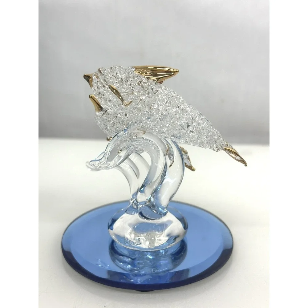 Spun Glass Dolphin Porpoise Figurine Ornament Mirror Base 24K Gold